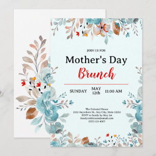 Convite Elegante Blue Wildflower Mint Brunch Dia de as mãe