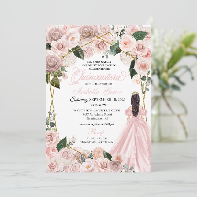 Convite Elegante Blush, cor-de-rosa e Dourada Quinceanera  (Em pé/Frente)