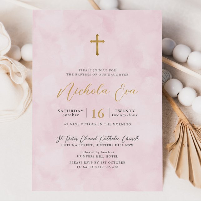 Convite Elegante Blush Dourado Cross Girls Baptism (Pink Watercolour Baptism Invitation)