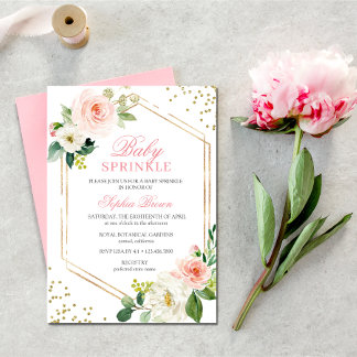 Convite Elegante Blush Dourado Floral Baby Sprinkle Brunch