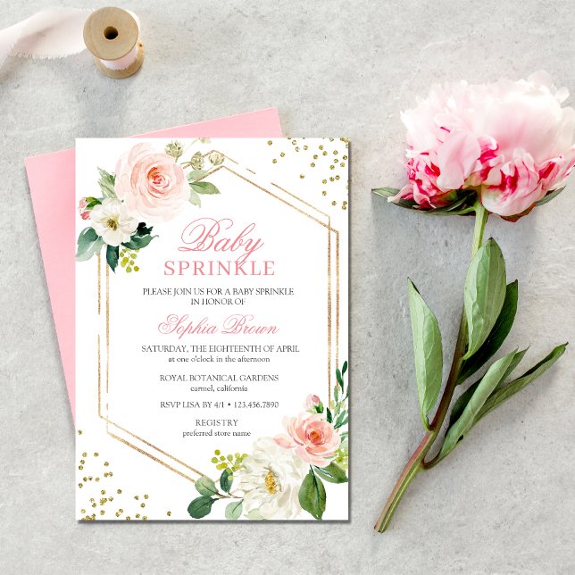 Convite Elegante Blush Dourado Floral Baby Sprinkle Brunch (Pink Floral Baby Sprinkle Invitation)