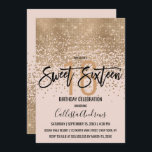 Convite Elegante Blush Dourado Glitter Confetti Sweet 16<br><div class="desc">Este doce e glamouroso, doce 16, é um design moderno e em voga com uma falsa sequência brilhante de ouro cintilante, abstrato confetti ombre, sobre um fundo cor-de-rosa. É perfeito para a moderna e elegante aniversariante com sua simples tipografia personalizada de impressão bonito e artística preta. Personalize a cor do...</div>