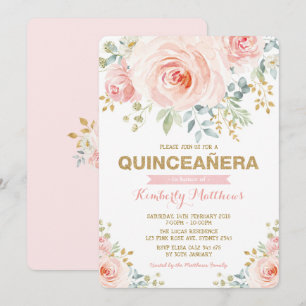 Convite Elegante Blush Dourado Verde Floral Quinceañera