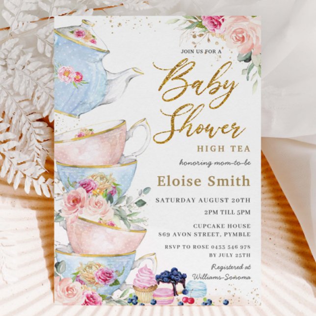 Convite Elegante Blush Floral High Tea Party Chá de fralda (Criador carregado)