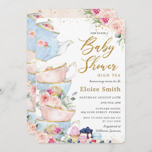 Convite Elegante Blush Floral High Tea Party Chá de fralda