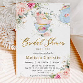 Convite Elegante Blush Floral High Tea Party Chá de panela
