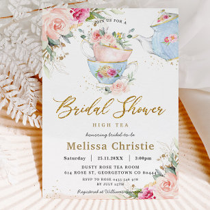 Convite Elegante Blush Floral High Tea Party Chá de panela