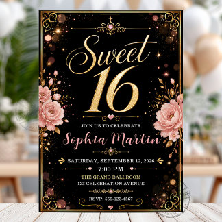 Convite Elegante Blush Floral Rosa Dourado Preto Sweet 16