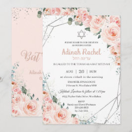 Convite Elegante Blush Floral Rosas Silver Bat Mitzvah