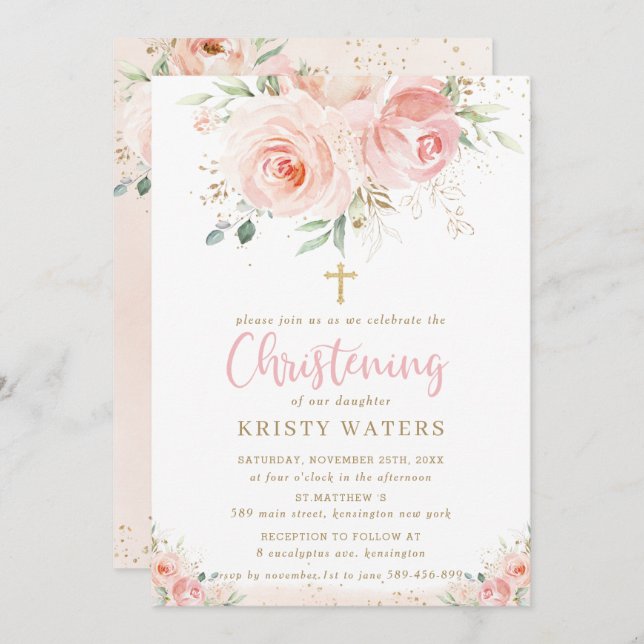 Convite Elegante Blush Pink Floral Dourado Christening (Frente/Verso)