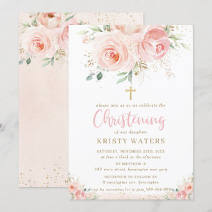 Convite Elegante Blush Pink Floral Dourado Christening