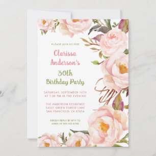 Convite Elegante Blush Pink Peony aniversário de 30 anos