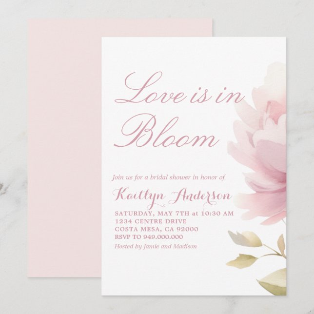 Convite Elegante Blush Pink Peony Chá de panela (Frente/Verso)