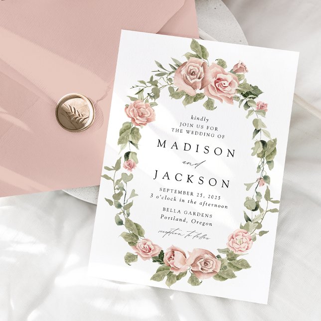 Convite Elegante Blush Rosas e Greenery Wedding (Criador carregado)