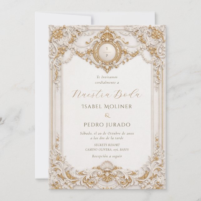 Convite Elegante Boda Barroca Dourada e Branca Nuestra Bod (Frente)