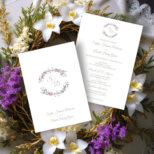 Convite Elegante Boda Lilac Floral Garland (Sophisticated Elegant Lilac Floral Wedding Garland Invitation Card.)