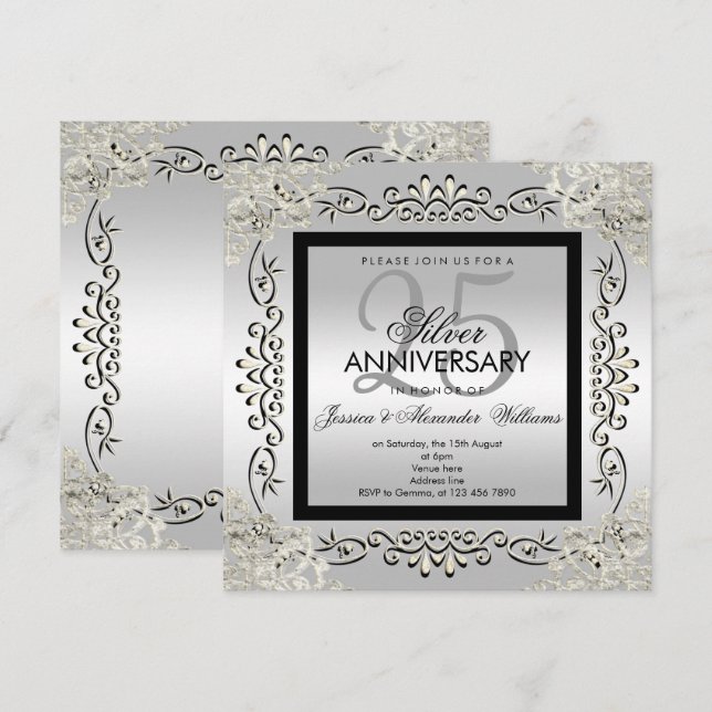 Convite Elegante Bodas de Prata e Preto de 25 Anos (Frente/Verso)
