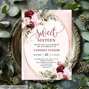 Convite Elegante Boho Bege Burgundy Floral Sweet Sixteen
