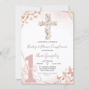 Convite Elegante Boho Blush Pink Baptism e Primeiro Aniver