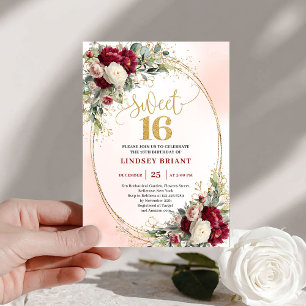 Convite Elegante Boho Burgundy Blush Dourado Floral Sweet