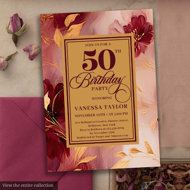 Convite Elegante Boho Burgundy Blush Rosas Dourados 50º Bd (Elegant Boho Burgundy Blush Gold Roses 50th Birthday Invitation)