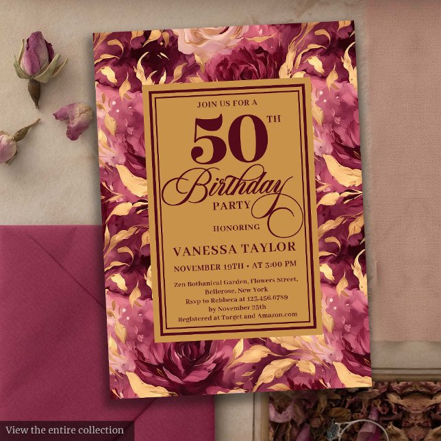 Convite Elegante Boho Burgundy Dourado Floral 50º Aniversá (Elegant Boho Burgundy Gold Floral 50th Birthday Invitation)