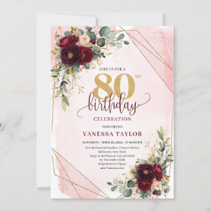 Convite Elegante Boho Burgundy, Rosa Dourado Aniversário