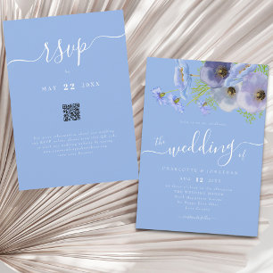 Convite Elegante Boho Chic Floral Azul Código QR de Casame