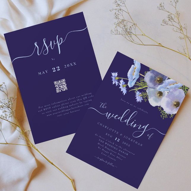 Convite Elegante Boho Chic Floral Azul Código QR de Casame (Boho chic wildflower watercolor floral bouquet blue wedding qr code invitation )