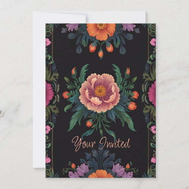Convite Elegante boho chic floral vintage preto  (Frente)