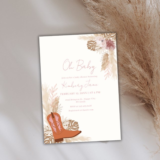 Convite Elegante Boho Cowgirl Boots Chá de fraldas Pampas (Elegant Boho Cowgirl Boots Pampas Baby Shower Invitation)