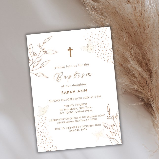 Convite Elegante Boho Dourado deixa borboleta atravessando (Elegant Boho Gold Leave Butterfly Cross Baptism Invitation)