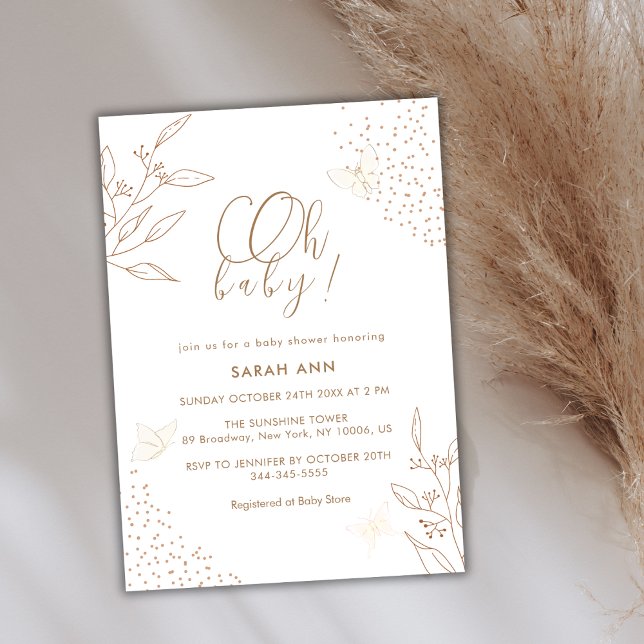 Convite Elegante Boho Dourado deixa Chá de fraldas borbole (Elegant Boho Gold Leaves Butterfly Baby Shower Invitation)