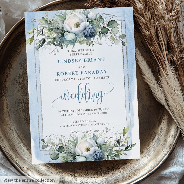 Convite Elegante Boho Dusty Rosas de Prata Branca Azul (Elegant Boho Dusty Blue White Silver Peonies Wedding Invitation)