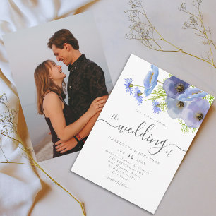 Convite Elegante Boho Floral Azul em Aquarela para Foto de