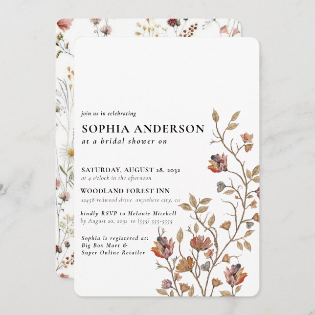 Convite Elegante Boho Floral Chá de panela (Frente/Verso)