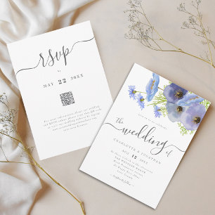 Convite Elegante Boho Floral Código QR de Casamento Azul