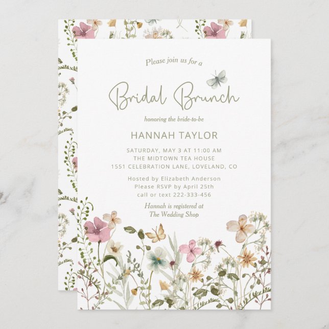Convite Elegante Boho Floral Wildflower Bridal Brunch (Frente/Verso)