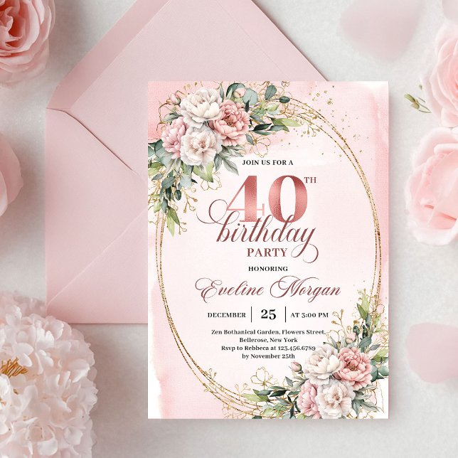 Convite Elegante Boho Flores Rosa Pó 40º Aniversário  (Stylish Boho Powder Pink Flowers 40th Birthday Invitation)