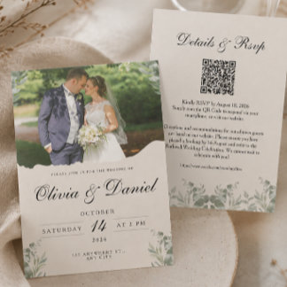 Convite Elegante Boho Foto Tudo em Um com Casamento QR