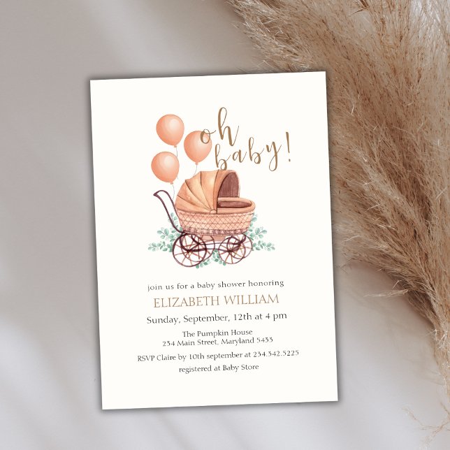 Convite Elegante Boho Greenery Stroller Chá de fraldas Bal (Elegant Boho Greenery Stroller Balloon Baby Shower Invitation)