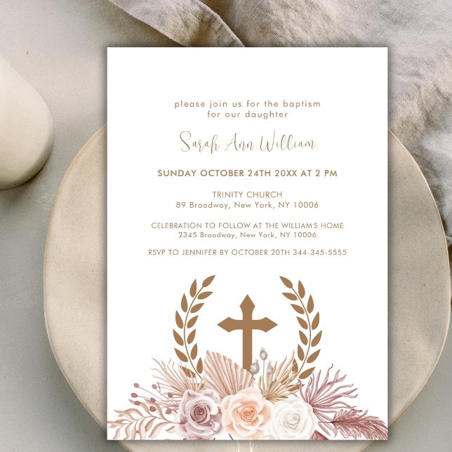 Convite Elegante Boho Pampas Floral Cross Wreath Baptism (Elegant Boho Pampas Floral Cross Wreath Baptism Invitation)