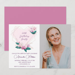 Convite Elegante Boho Pink Foto Floral 66 anos