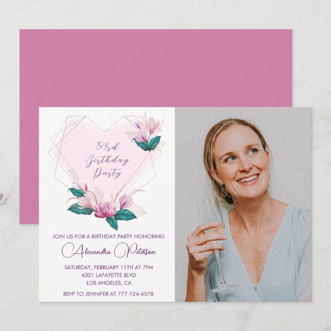 Convite Elegante Boho Rosa Floral Foto Aniversário de 53 a (Frente/Verso)