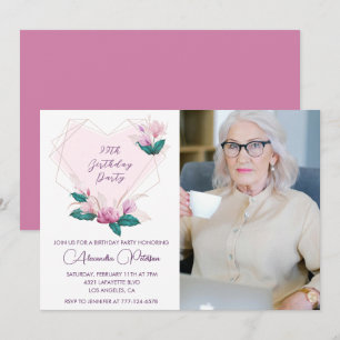 Convite Elegante Boho Rosa Floral Foto Aniversário de 99 a