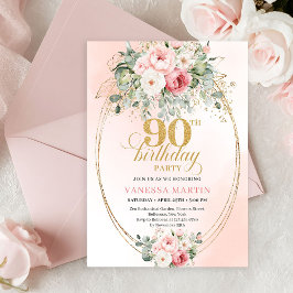 Convite Elegante Boho Rosa Floral Verde Dourado Aniversári