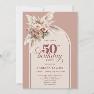 Convite Elegante Boho Rosa Pó Pampas Floral 50 Aniversário