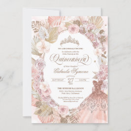 Convite Elegante Boho Rosas Florais Secos Rosa Quinceanera
