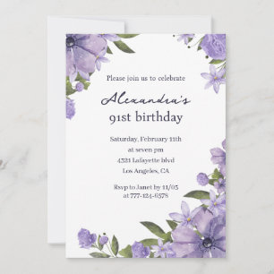Convite Elegante Boho roxo Floral 91º aniversário