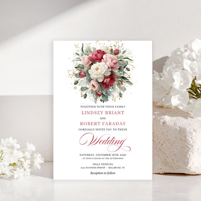 Convite Elegante Boho Rubi Vermelho Blush Vegetaçã (Elegant Boho Ruby Red Blush Greenery Invitation)
